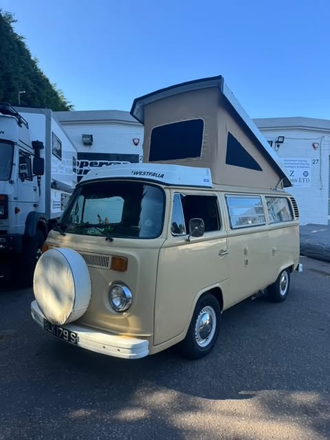 VW T2 Combi | Toile de toit relevable Westfalia, charnière arrière, beige, qualité supérieure, 08/1974-07/1979