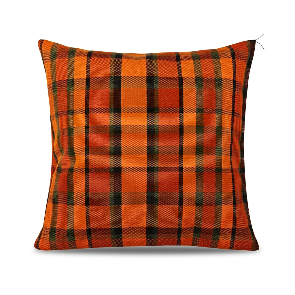 Westfalia kussen geruit oranje/geel/groen 40 x 40cm originele Westfalia stof – VW T2 Bus Westfalia